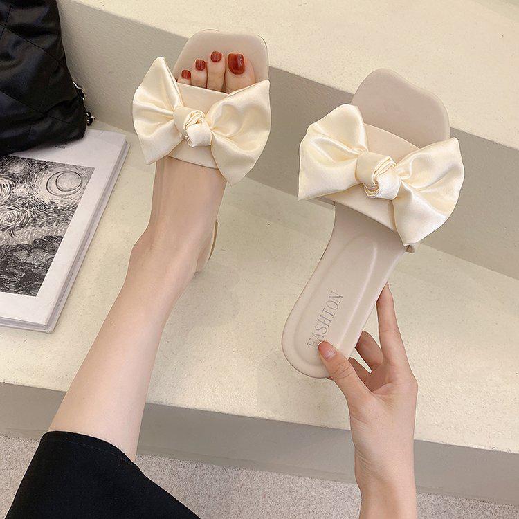 2025 Spring/Summer Women's Square Toe Open Toe Bowknot Slides