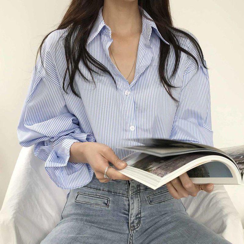 2024 Korean-Style Loose Striped Shirt for Women - Trendy Spring & Autumn Top