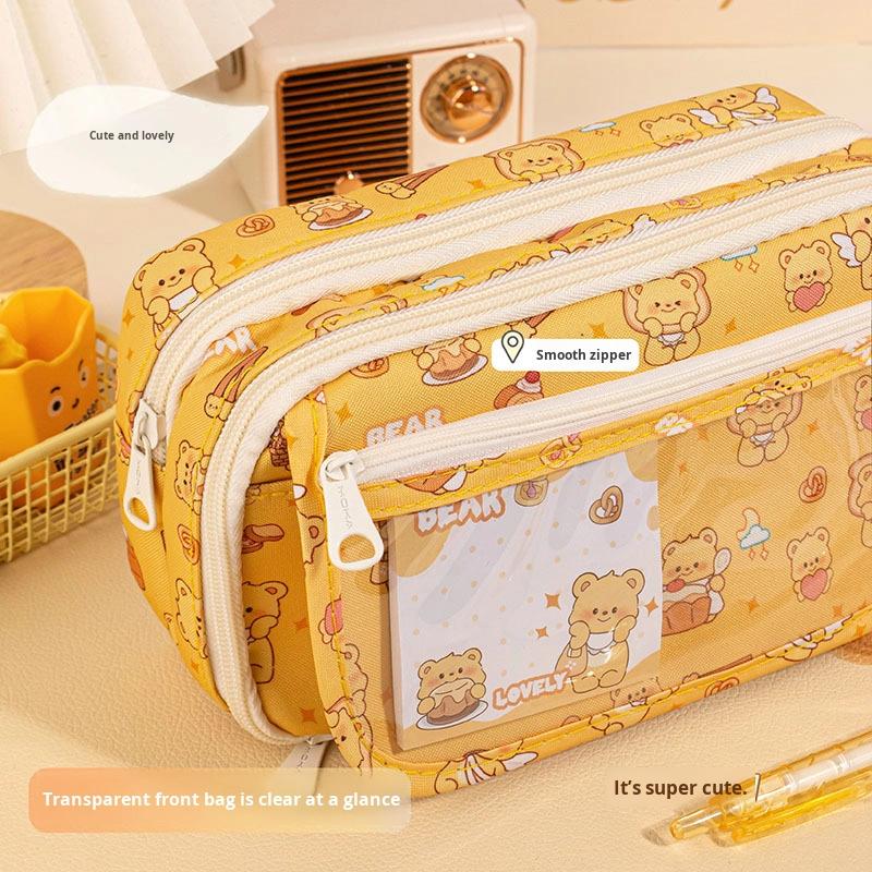 Large Capacity Multi-Layer Leather Pen Bag for Students Cute Bear Bakery Design New Girls Primary School Bag Oxford Pencil