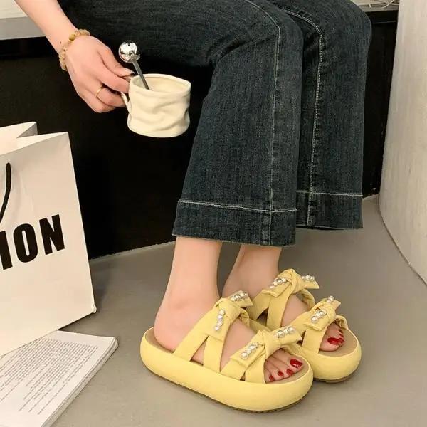 Shoes House Slippers Platform Slides Fashion String Bead Slipers Women Butterfly-Knot Flat Luxury Summer Soft 2025  String Bead