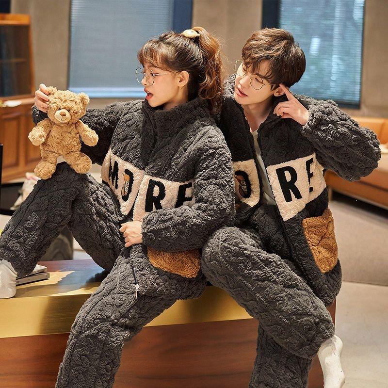 Winter Thick Fleece Couple Pajamas Set Warm Coral Loungewear Sleepwear