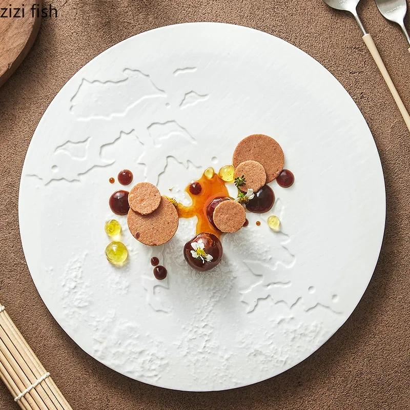Rock Texture Relief Ceramic Flat Plate Circular Dessert Plate Steak Plate Serving Plates Molecular Cuisine Creative Tableware