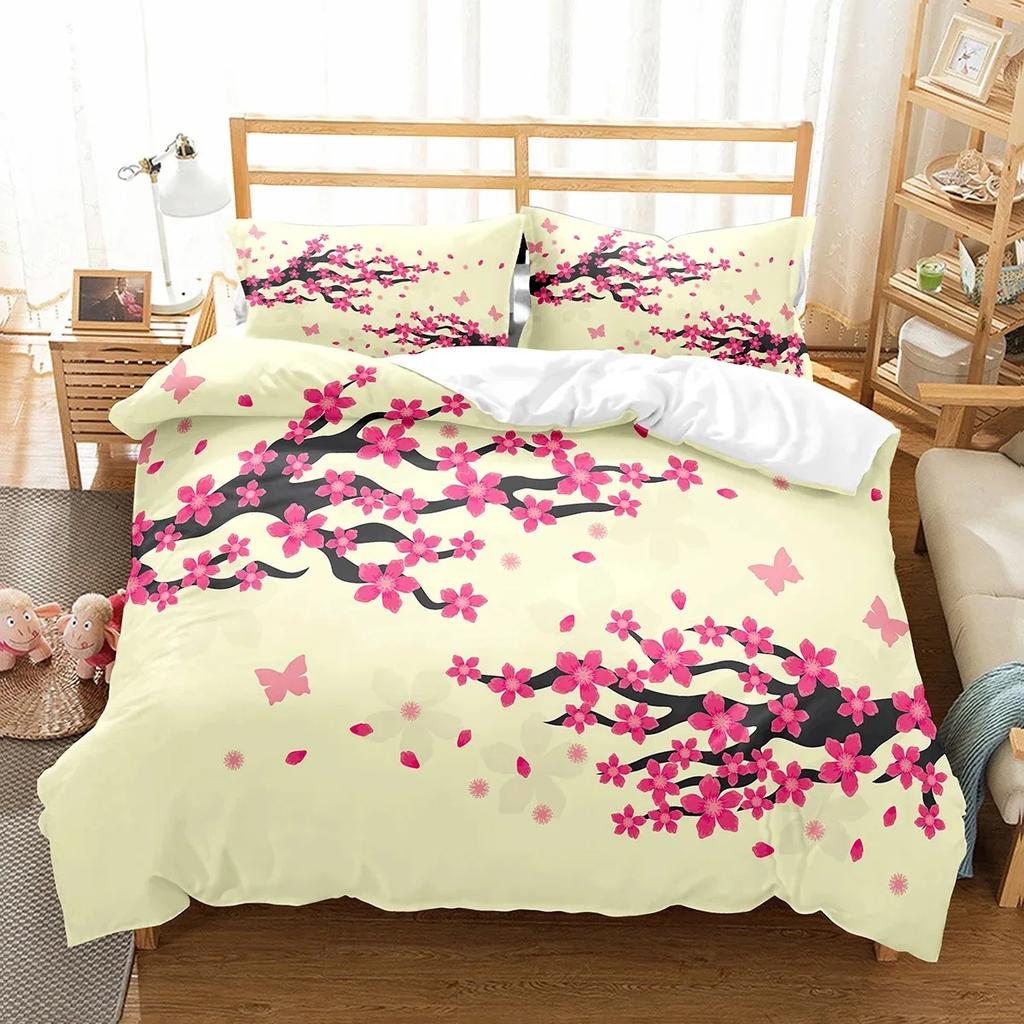 Plum Flower Duvet Cover Set Red Flower Pattern Bedding Set for Girls Women Polyester Comforter Cover Quilt Cover King Full Size