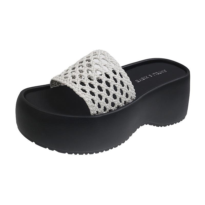 Large Size One-word Cool Slippers Summer New Solid Color Woven Hollow Square Head High Heels Thick-soled Thick-heeled Slippers