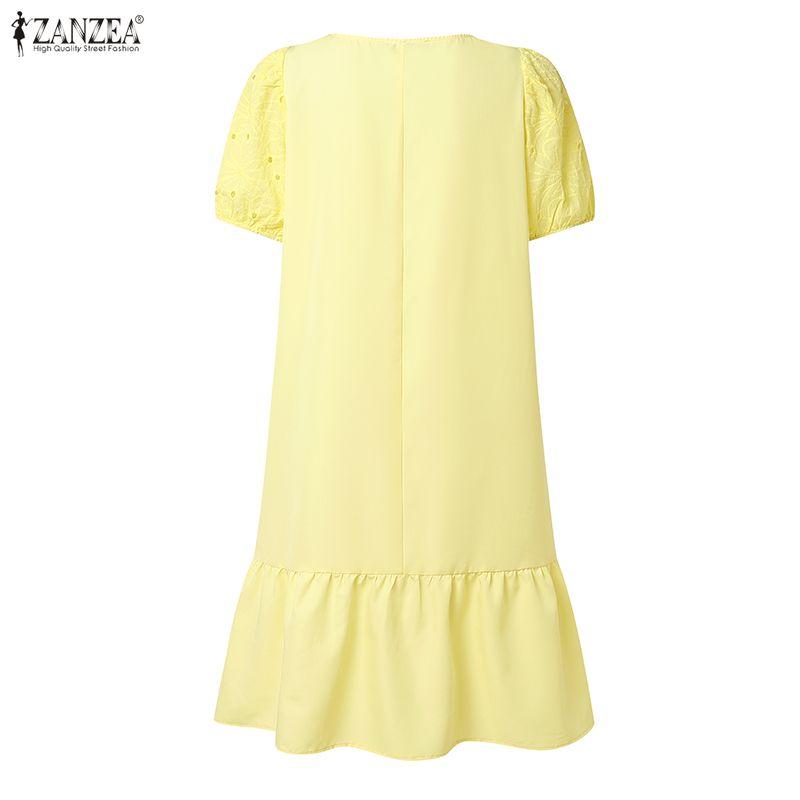 ZANZEA Women Summer Elegant Casual Square Collar Lace Crochet Patchwork Half Sleeve Dress