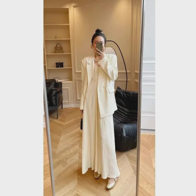 Costum de două piese pentru femei, mărime mare: Fustă lungă cu bretele și sacou pentru primăvară/toamnă