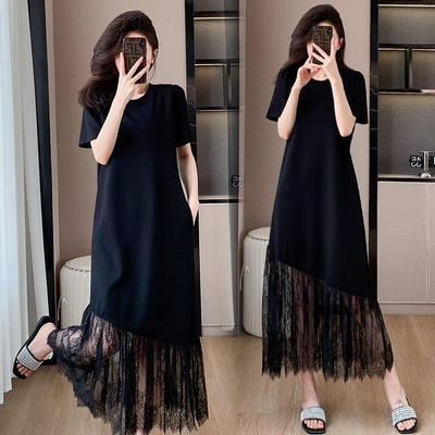 Robe d'été Patchwork en Dentelle Française Grande Taille - Jupe Élégante Ample à Manches Courtes pour Femmes