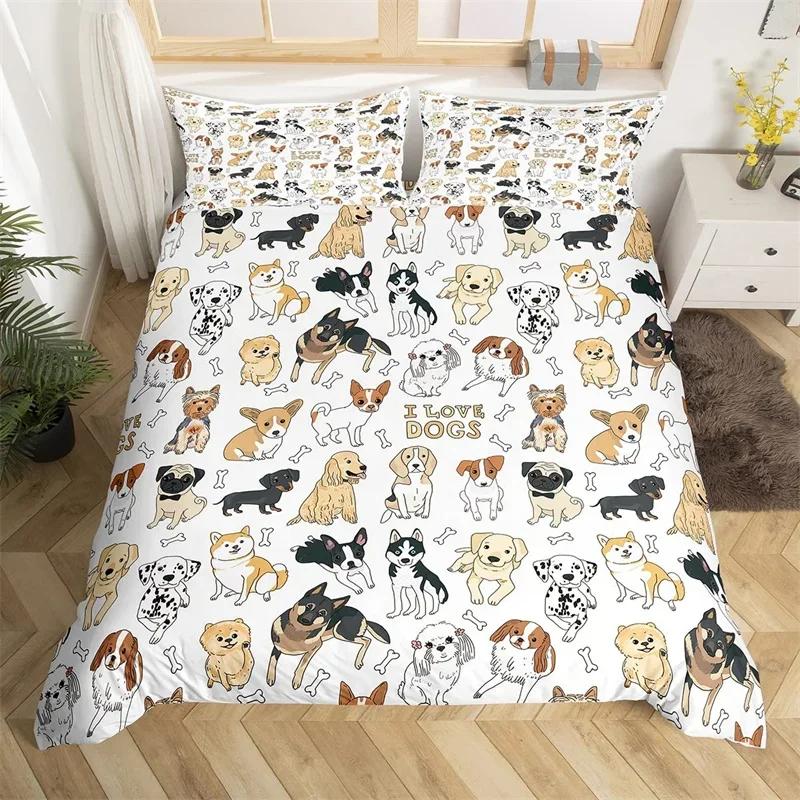 Cute Cartoon Dog Duvet Cover Pet Puppy Dogs Bedding Set Twin Full For Kids Girls Kawaii Room Decor Microfiber Comforter Cover