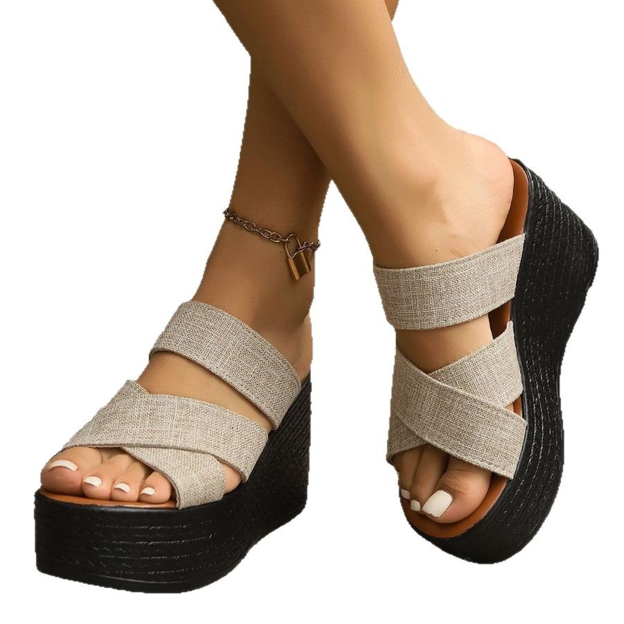 Women's Cross-Strap Casual Sandals 2025 Plus Size Summer New Arrival Fabric Platform Chunky Heel Wedges