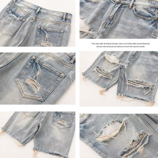 Men Summer Distressed Denim Shorts Button Zipper Fly Multi Pockets Short Jeans Straight Fit Ripped Holes Knee Length Distressed Denim Shorts