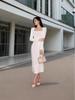 Women's White French Square Neck Slim-Fit Long-Sleeve Dress for Autumn/Winter Events