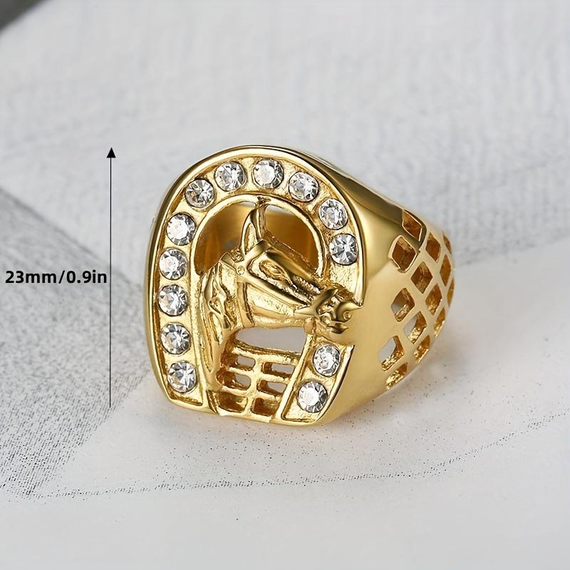 1 Pcs Hip Hop Stainless Steel Gold Color Jockey Club Horseshoe Horse Ring with Rhinestone for Men Gift Jewelry