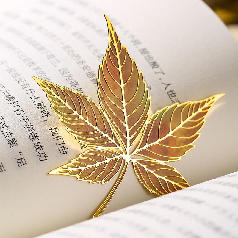 Exquisite Leaf Metal Bookmark with Metal Chain Pendant Maple Apricot Leaf Book Markers Reading Accessories Student Stationery