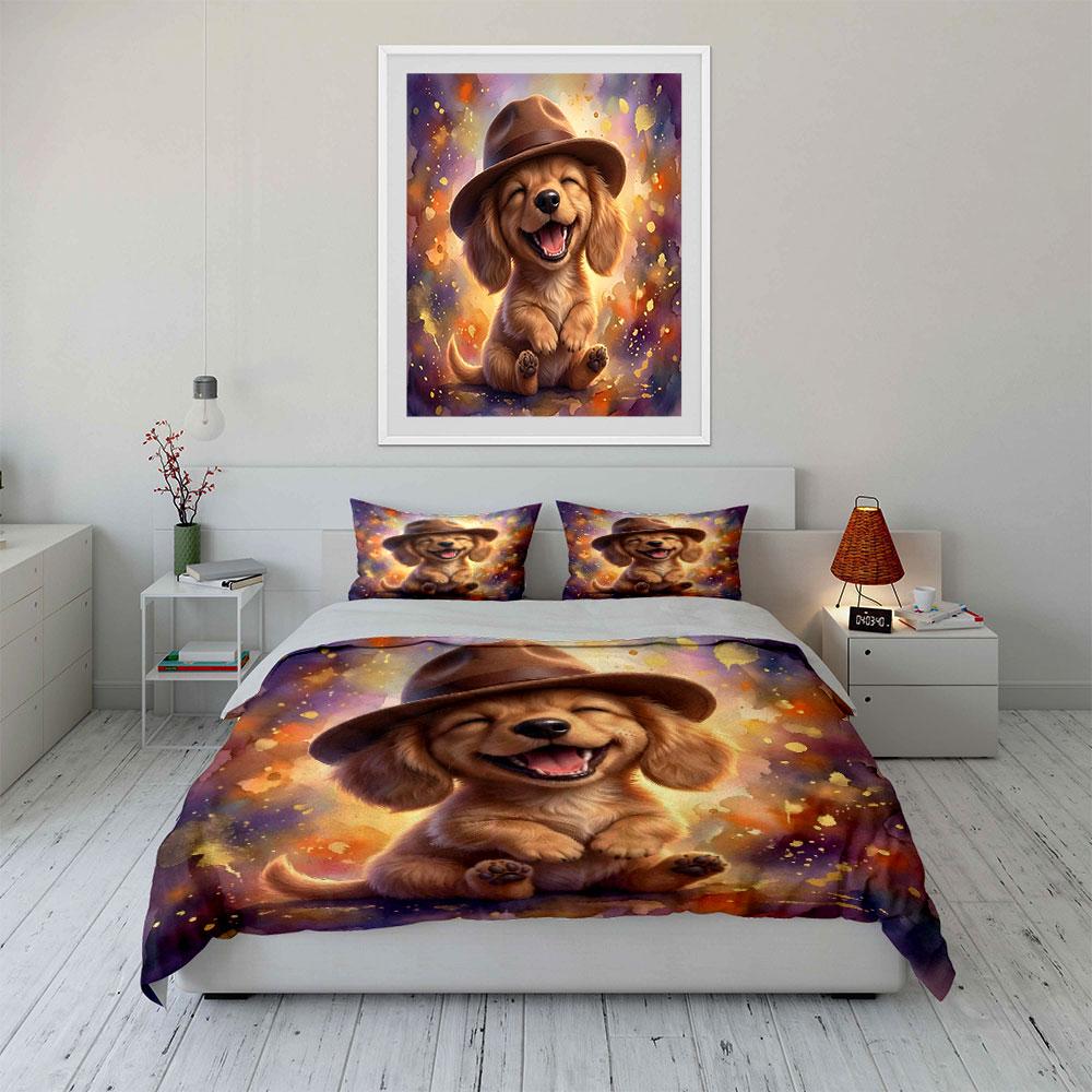 Cute Happy Dog In Hat Design Bedding Duvet Cover Set (1*Duvet Cover 2*Pillowcases, Without Duvet Insert)