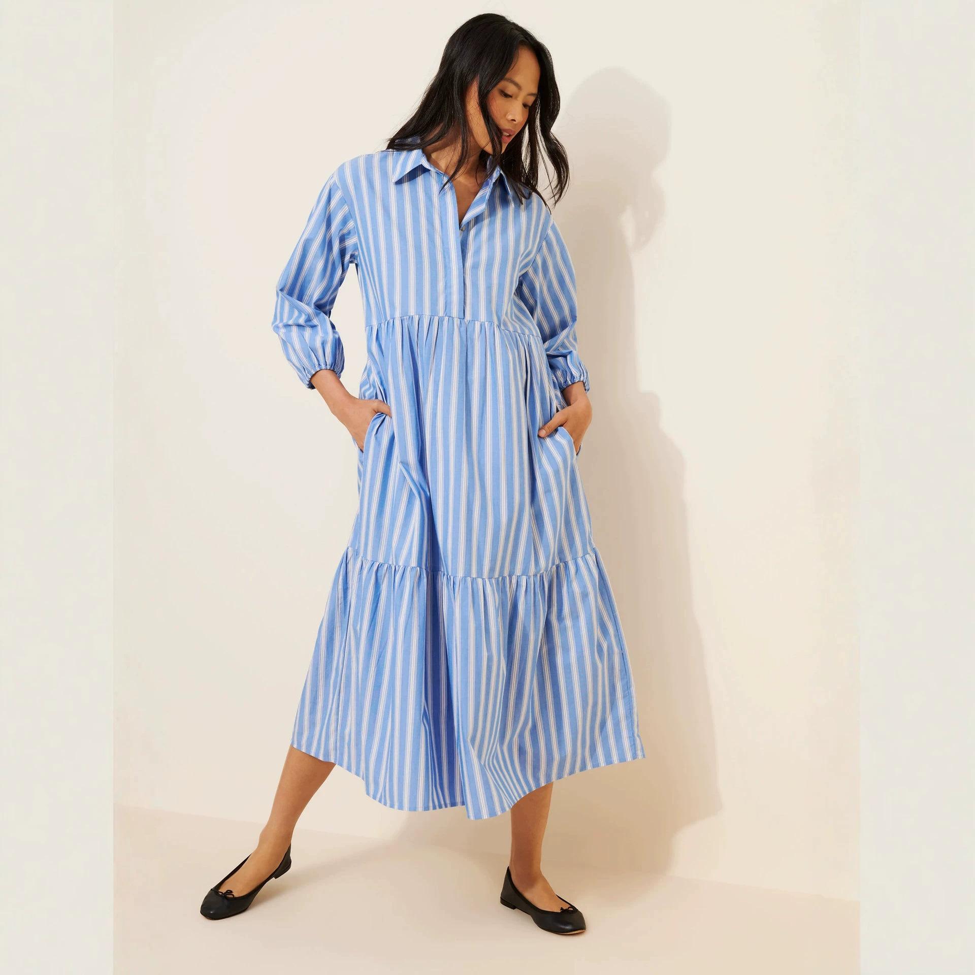 Blue and white vertical striped shirt collar dress loose bubble sleeve layered cake skirt casual vacation style thin dress XS синий