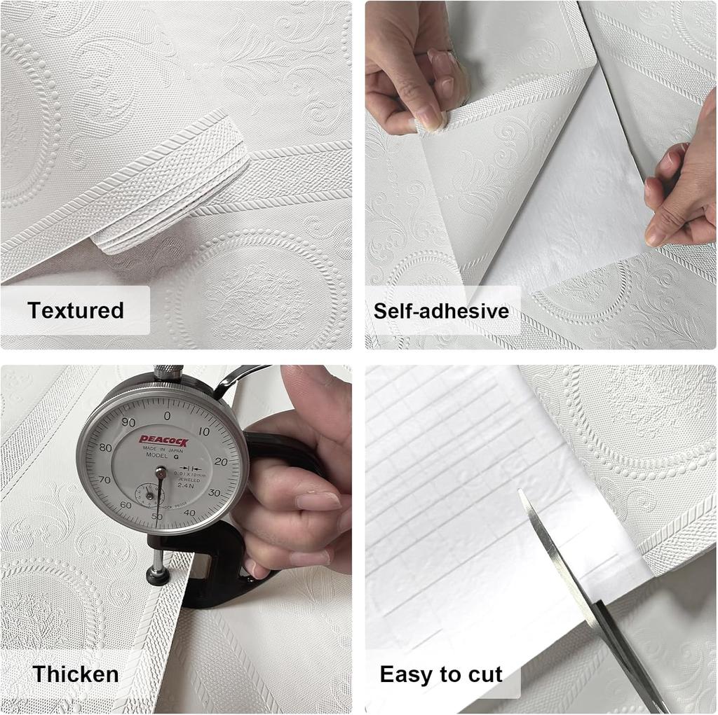 3D White Embossed Peel and Stick Wallpaper Damask Textured Self Adhesive Wallpaper Modern Floral Removable Contact Paper