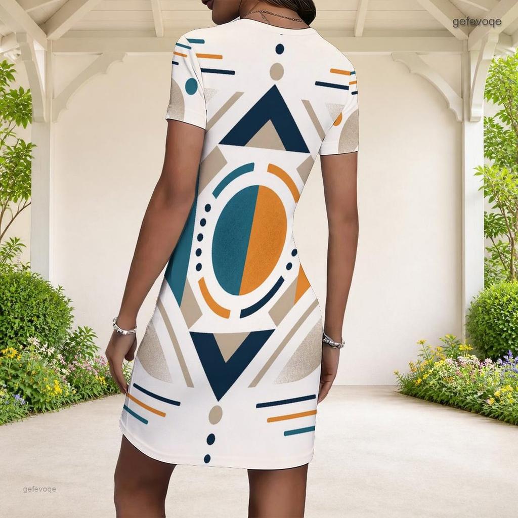 Women Plus Size Round Neck Short Sleeve Abstract Printed Fitted Mini Dress