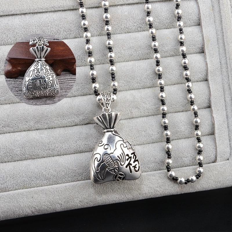 Colier cu pandantiv Lacătul Păcii Argintiu Retro - Lanț Lung pentru Pulover pentru Femei, cu Patru Laturi pentru Avere, în Stil Național