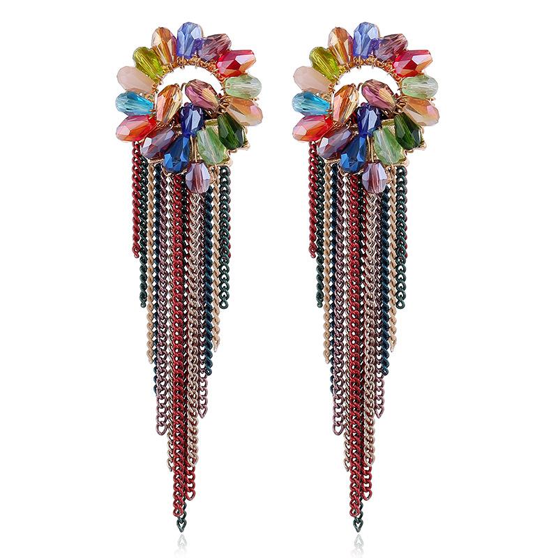 Retro exquisite light luxury bohemian crystal fringed stud earrings female simple temperament long personalized earrings ear jewelry