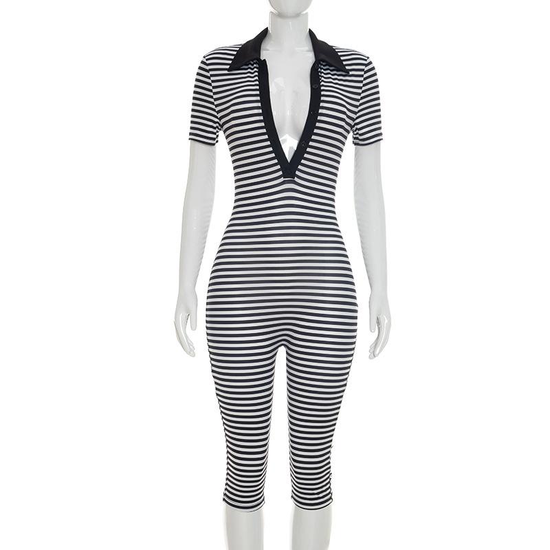 Womens Striped Deep V-Neck Short Sleeve Bodysuit High Waist Capri Pants Jumpsuit One Piece Romper S
