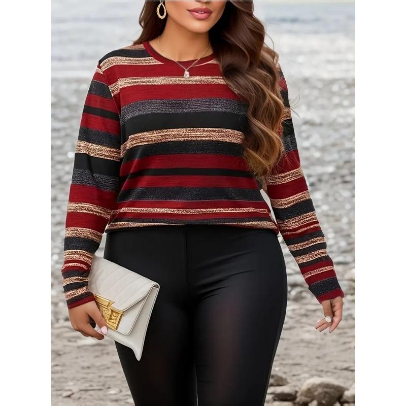 Women S Plus Size Long Sleeve Crew Neck Striped T Shirt Casual Spring Autumn