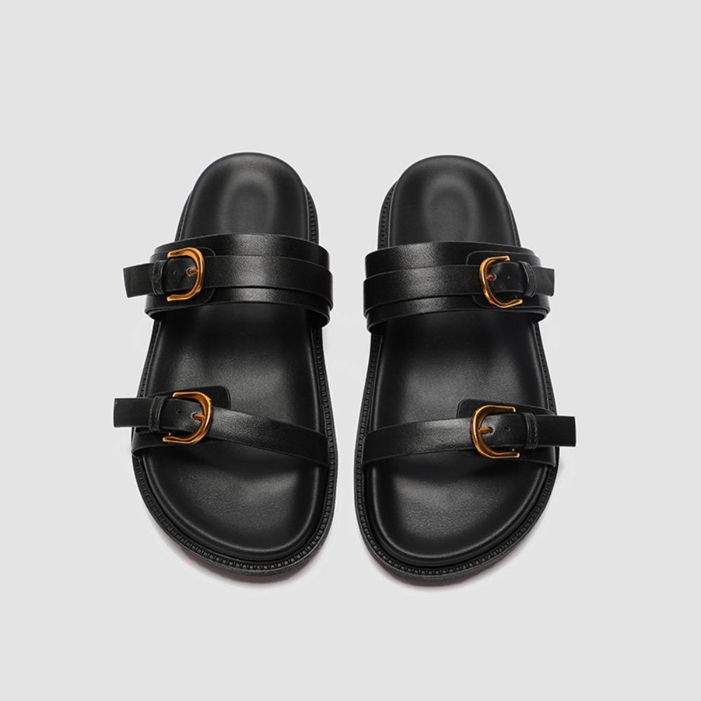 Fashion Cool Slippers Woman Fashion Outside Summer New Thick Soled Beach Shoes with Metal Belt Buckle Women's Flat Slippers Platform