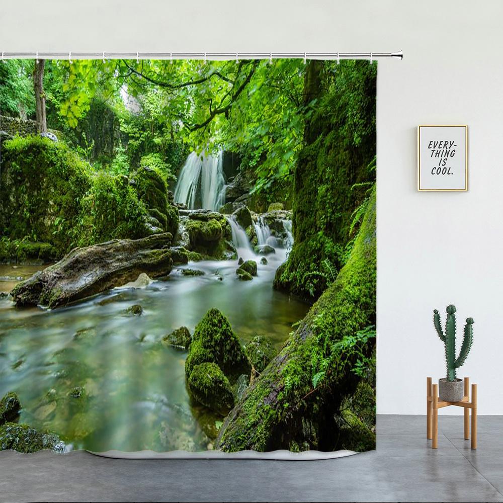 Tropischer Regenwald Landschaft Duschvorhänge Wald Wasserfall Schöne Naturszenerie Luxuriöse Badezimmer Dekoration Bildschirm Mit Haken