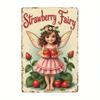2D Vintage Strawberry Fairy Metal Wall Art, Hand Painted Retro Tin Sign, Whimsical Garden Indoor Outdoor Decor for Home Kitchen