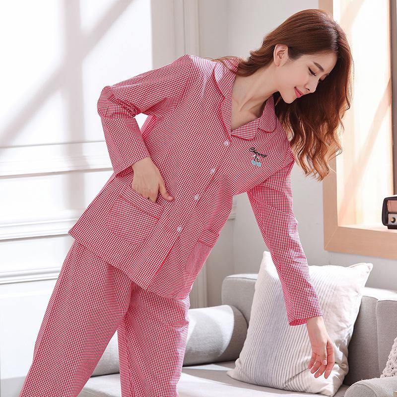 Women's Plaid Cotton Pajamas Set - Long Sleeve Cardigan for Spring, Summer, and Autumn.