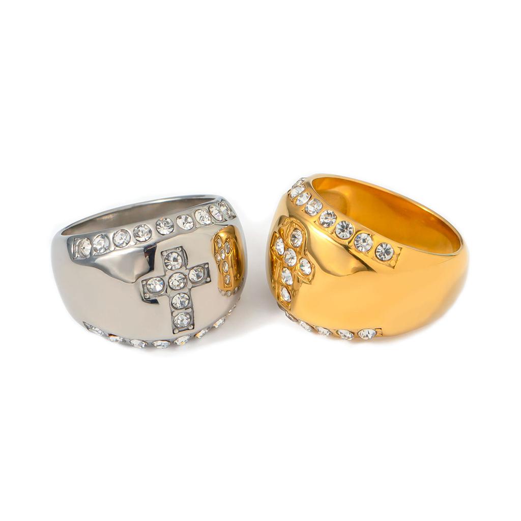 Youthway Low Key Luxury Rhinestone Cross Chubby Stainless Steel Ring For Women Charm Waterproof Jewelry Party Gift