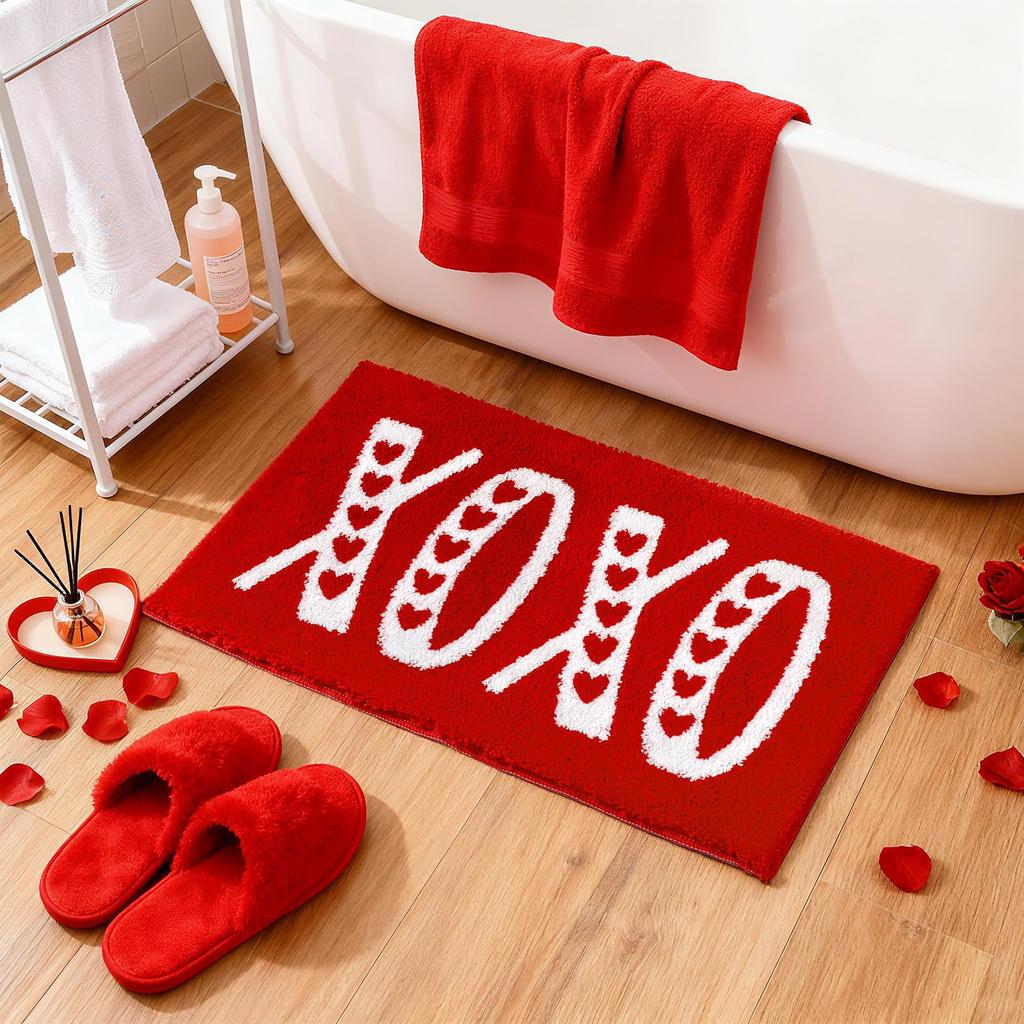 Valentines Bathroom Rug Red Pink White Love Heart XOXO Absorbent Non Slip Anniversary Wedding Floor Mat Home Decoration