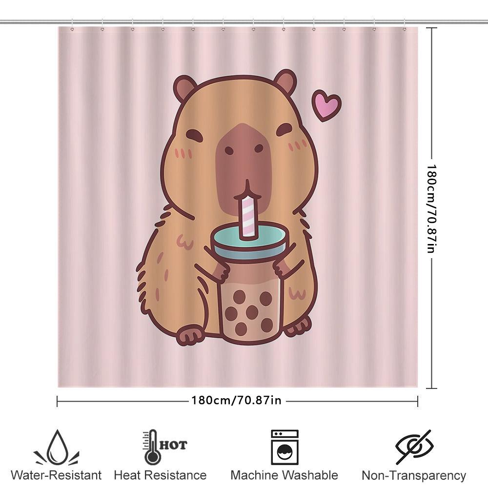 Cute Boba Tea Capybara Shower Curtain Set Funny Animal Bathroom Decor Washable Waterproof Fabric