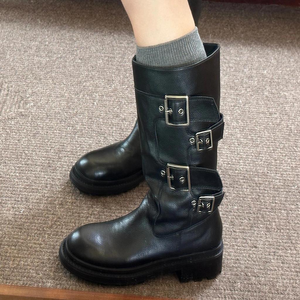 Cowhide version~ Showing legs, thin belt buckle, thick-soled medium tube knight boots for women's 2025 autumn new cool and handsome thick-heeled loc