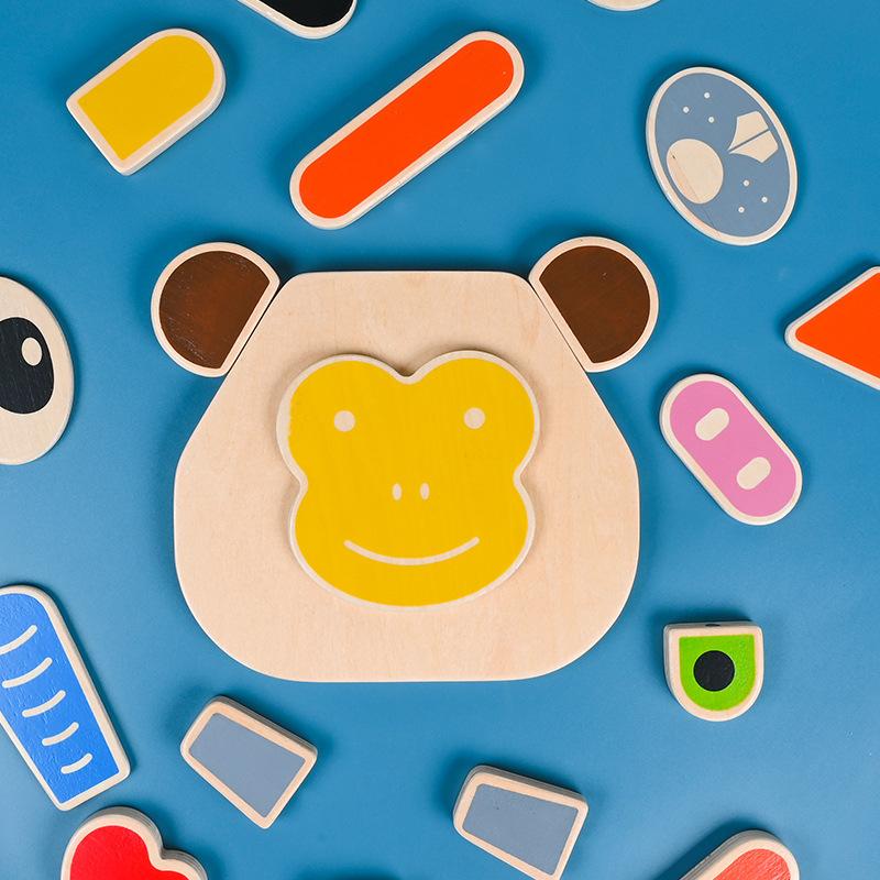

Wooden children s early education animal face-changing assembly building block puzzle hands-on ability cognitive puzzle puzzle toy