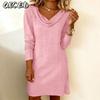 Fashion Autumn Winter Solid Color Print Long Sleeve V-Neck Casual Dresses