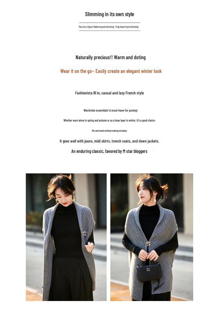 Women's Thickened Wool Knit V-neck Cardigan Vest - Pure Wool, Loose Outerwear Sweater for Autumn/Winter