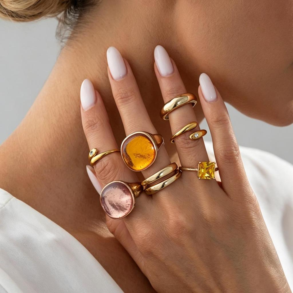 INS Style Resin Gemstone and Metal Rings: Fashionable Stackable Set with Smooth Surface and Diamond Inlays