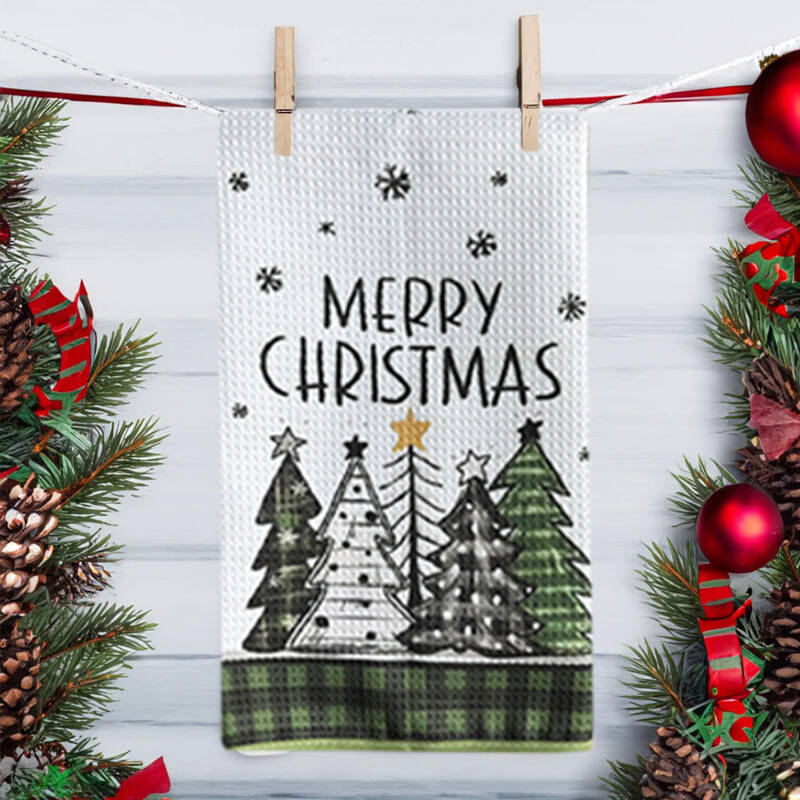 

1 шт. Рождественское кухонное полотенце - Праздничная салфетка для посуды с праздничными узорами (Деревья, Снежинки, Текст) | Впитывающий и Быстросохнущий