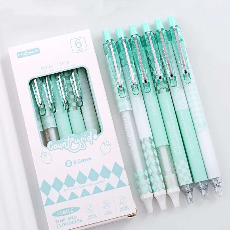 Set di 6 penne gel a scacchiera Solo serie Crema Punta a sfera da 0,5 mm Inchiostro di colore nero per scrivere A7450