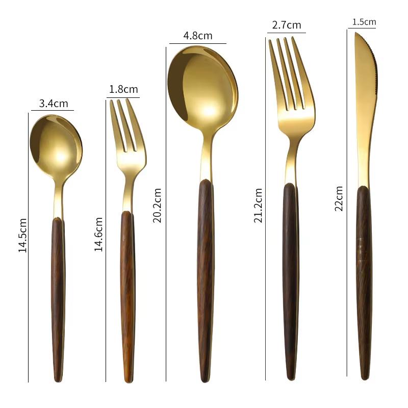 Juego de Cubiertos de Acero Inoxidable con Mango de Imitación Madera 5 Piezas Vajilla Occidental Cuchillo Tenedor Cuchara Juego de Cubiertos de Cocina Vajilla