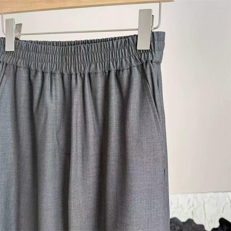 Versatile Grey Wool Blend Wide-Leg Pants with Elastic Waist