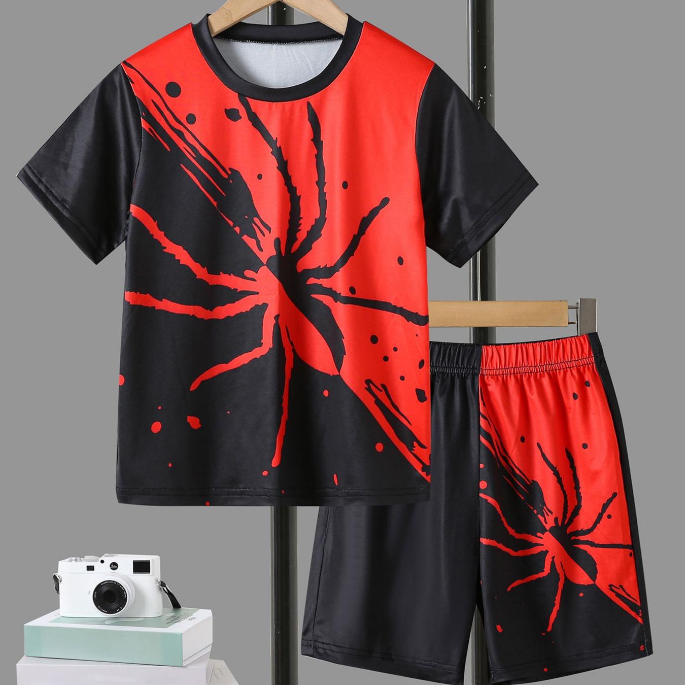 

2 Pieces Boy Teens Summer Dynamic Fashion Black Red Spider Print Light Crewneck Pocket Shorts Casual Set 13-14Y