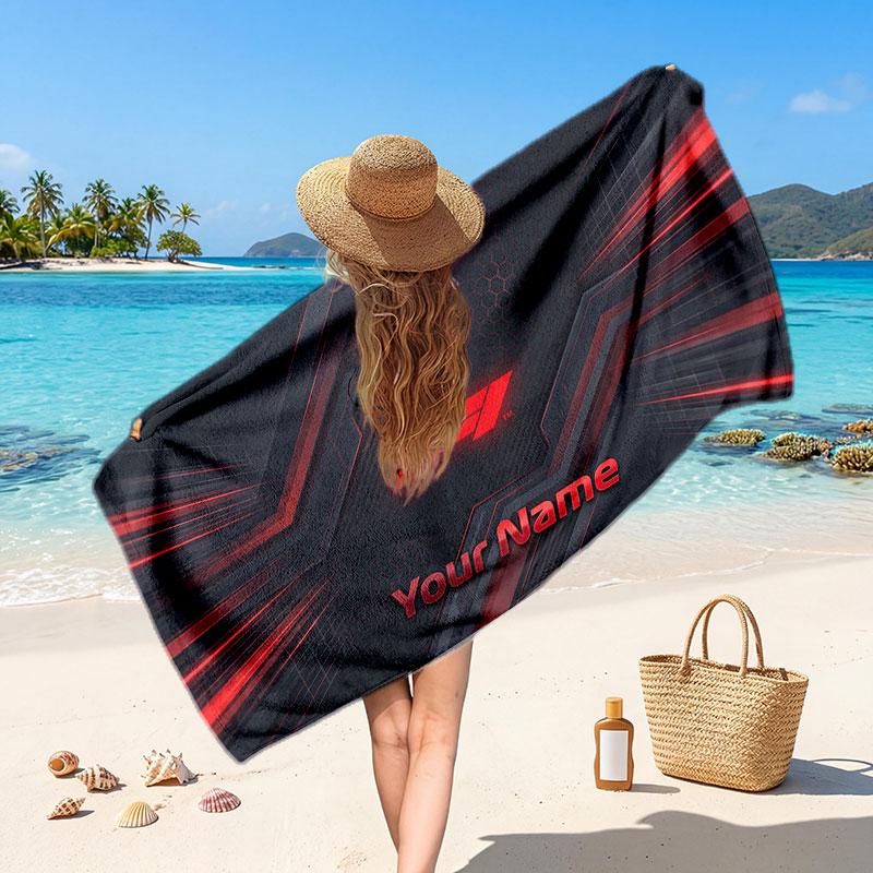 F1 Customized Name Text Beach Towel, Soft Absorbent Towel Beach Pool Travel Personal Gift