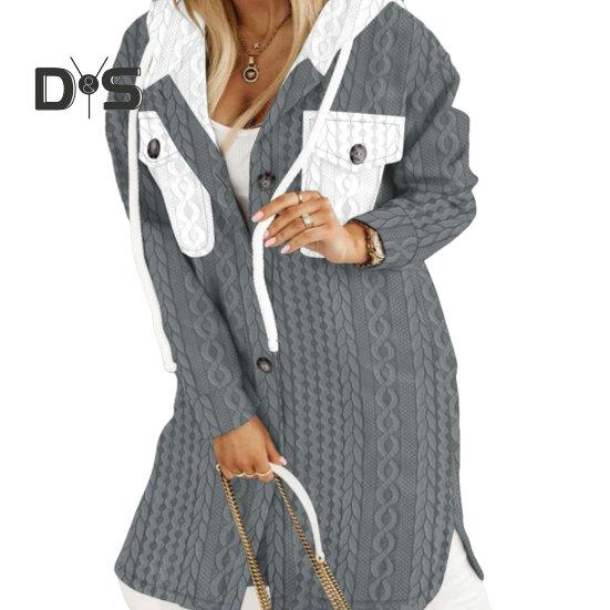 Women Fall Winter Sweater Coat Hooded Drawstring Twisted Pattern Contrast Color Thick Knitted Solid Color Long Sleeve Mid Length Pockets Split Hem