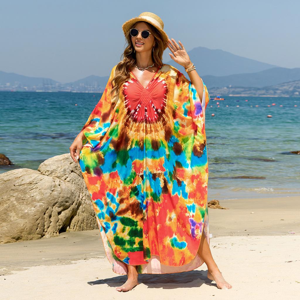 Beach Kaftans for Women Butterfly Printed Plus Size Cover Ups for Swimwear Maxi Dresses Summer Holiday Bathing Suits