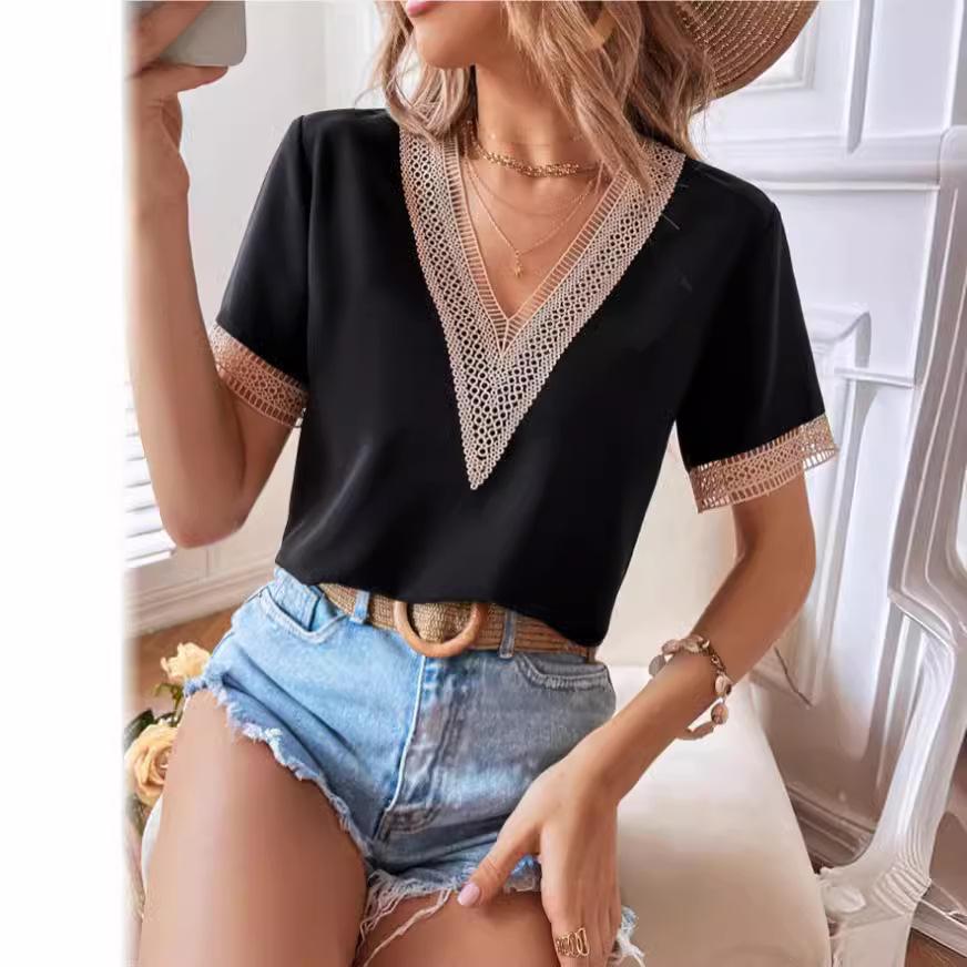 Women Navy Blue V Neck Contrast Lace Trim Short Sleeve Blouse S чёрный