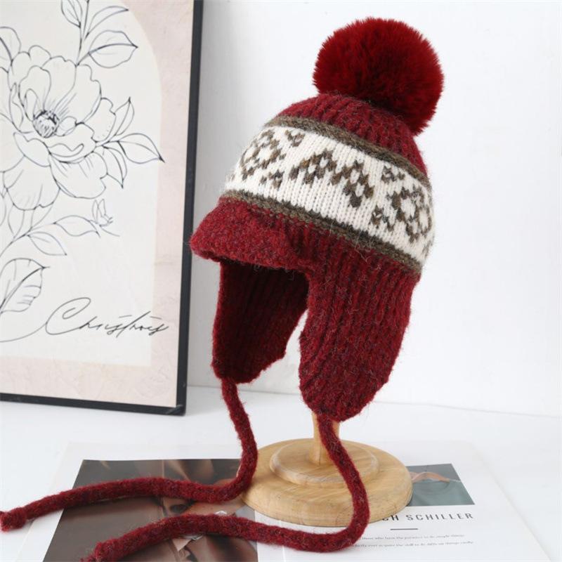 Autumn and Winter Warm Knitted Hat Women's Travel Versatile Bag Head Hat Cold Protection Ear Straps Wool Lei Feng Hat