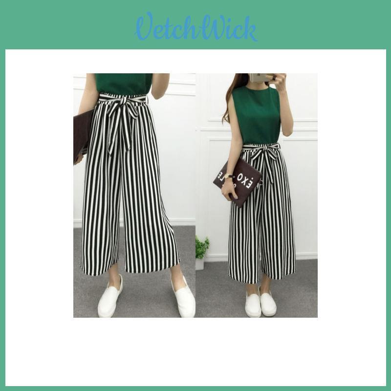 Wide Korean Women Leg High Waist Loose Baggy Casual Striped Crop Trousers Pants