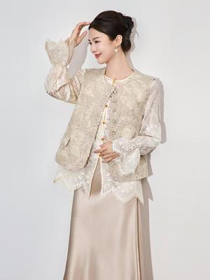 New Chinese Design Women's Spring Pearl Button Jacquard Linen Vest Jacket