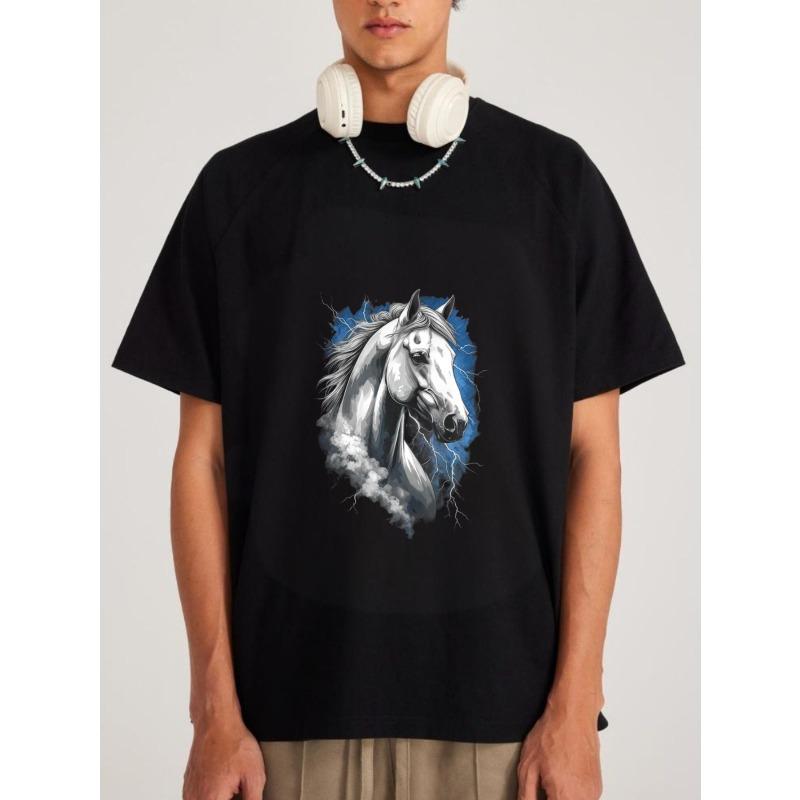 

White T Shirt with Horse Head Print for Casual Wear XXXXL чорний